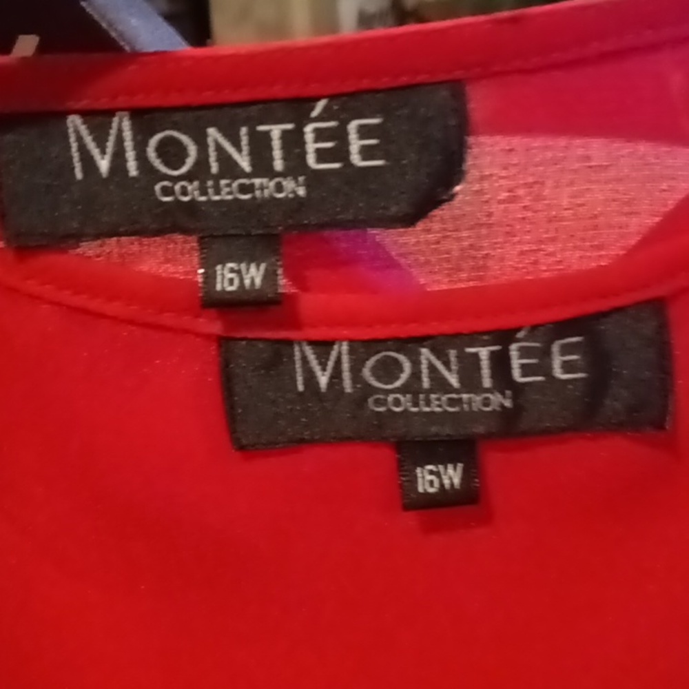 MONTEE COLLECTION red l/s 2-pc scoop neck blouse set w zigzag shimmers Size 16W